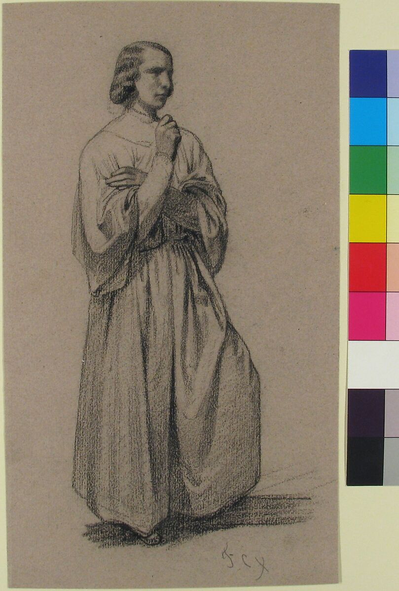Three-Quarter View of a Standing Male Robed Figure, François-Claudius Compte-Calix (French, Lyon 1813–1880 Chazay d'Azergues), Charcoal