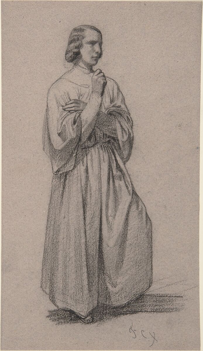 Three-Quarter View of a Standing Male Robed Figure, François-Claudius Compte-Calix (French, Lyon 1813–1880 Chazay d&#39;Azergues), Charcoal 