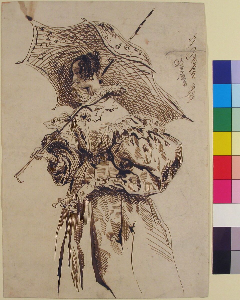 Lady with a Parasol, Achille-Jacques-Jean-Marie Devéria (French, Paris 1800–1857 Paris), Pen and brown ink