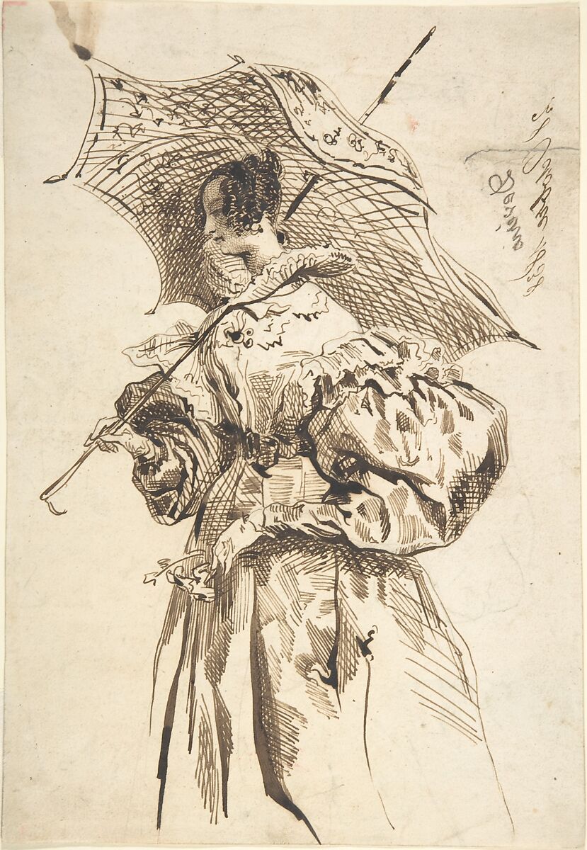 Lady with a Parasol, Achille-Jacques-Jean-Marie Devéria (French, Paris 1800–1857 Paris), Pen and brown ink 
