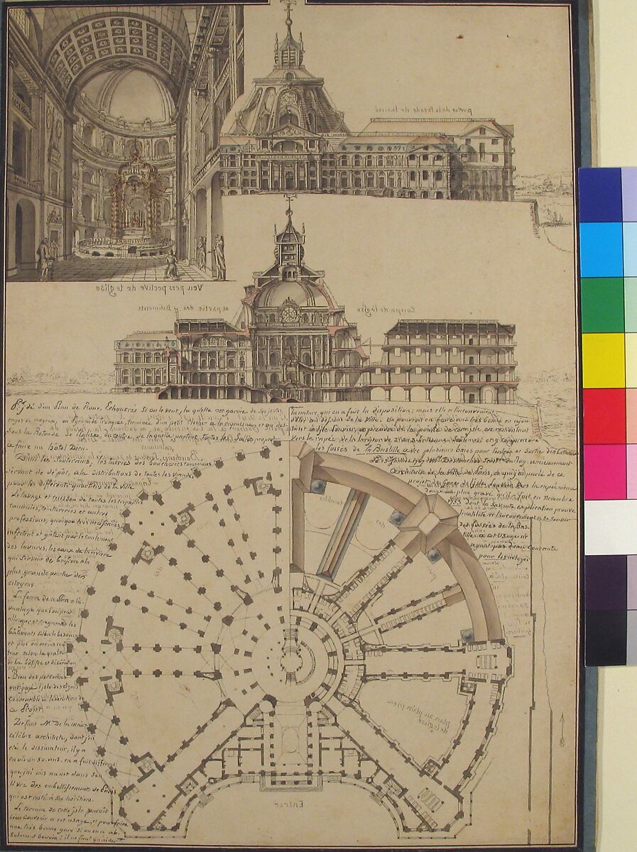 Architectural Drawing for a Chapel and Hospital, de la Maire (French, 18th century), Etching counterproof and wash