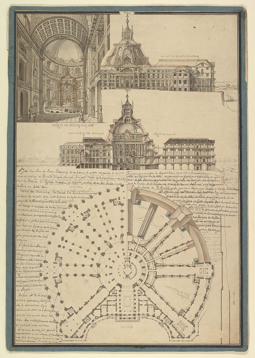 Architectural Drawing for a Chapel and Hospital, de la Maire (French, 18th century), Etching counterproof and wash 