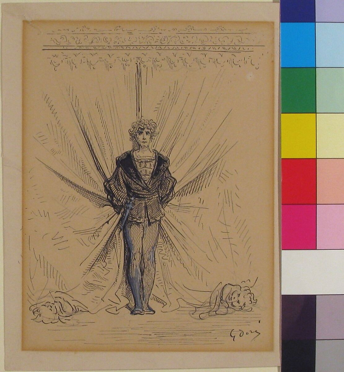 A Costumed Actor in Front of a Curtain, Gustave Doré (French, Strasbourg 1832–1883 Paris), Pen and black ink, graphite, heightened with white