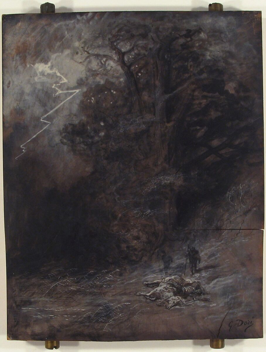 A Rider and a Dead Horse in a Landscape, Gustave Doré (French, Strasbourg 1832–1883 Paris), Pen and black ink, brush and black wash, heightened with white on woodblock
