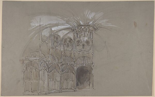 Stage Set Design of Circular Ballroom with Chandelier (recto); Rough Sketch of Stage Design (verso), Salvador Alarma Tastás (Spanish, Barcelona 1870–1941), Pen and dark brown ink, brush and brown wash, over graphite, highlighted with white gouache, on paper prepared with gray incidental color (recto); graphite on unprepared buff-colored paper (verso) 