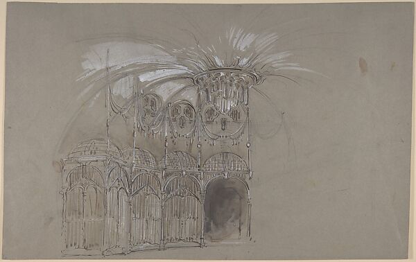 Stage Set Design of Circular Ballroom with Chandelier (recto); Rough Sketch of Stage Design (verso)