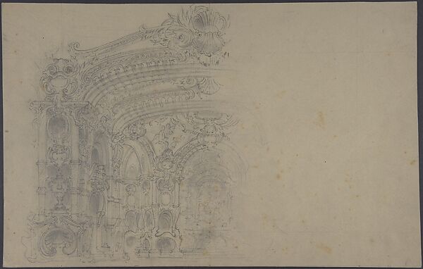 Stage Set Design; Left Half of Elaborate Baroque-Rococo Style Proscenium Opening (recto); Several Sketches of Name Plaques and Wreaths, framed by Swags, with names "Verdi" and "Aida" (verso), Salvador Alarma Tastás (Spanish, Barcelona 1870–1941), Graphite on gray paper, measuring lines in graphite (recto); pen and brown ink, graphite (verso) 