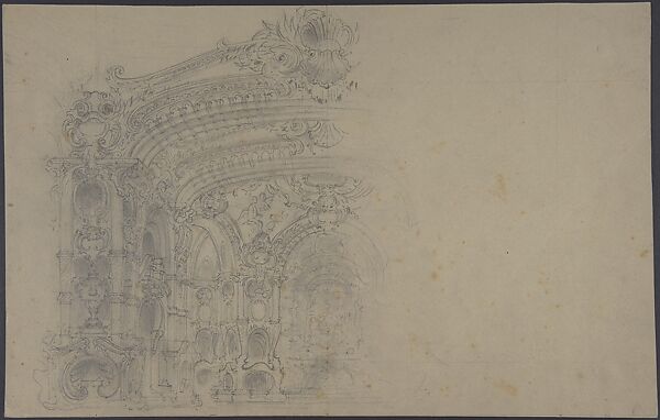 Stage Set Design: Left Half of Elaborate Baroque-Rococo Style Proscenium Opening; Verso: Several Sketches of Name Plaques and Wreaths, framed by Swags, with names 