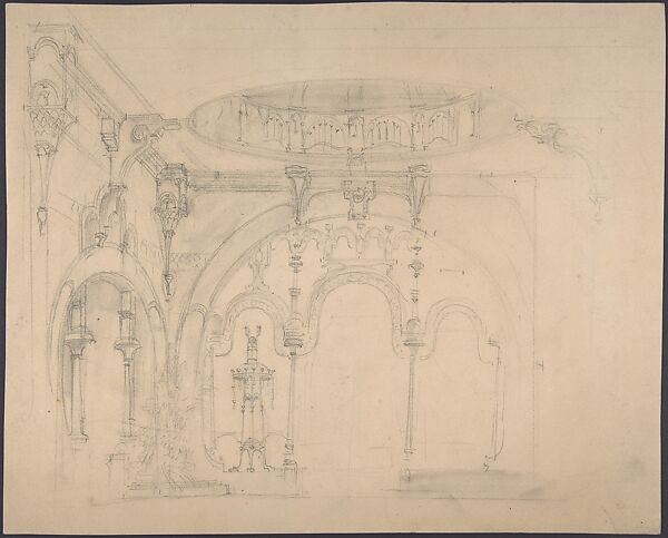 Stage Set Design: A Square Hall with Rounded Archways and Cupola in Oriental Style with Thin Columns, Salvador Alarma Tastás (Spanish, Barcelona 1870–1941), Black chalk on tan paper 