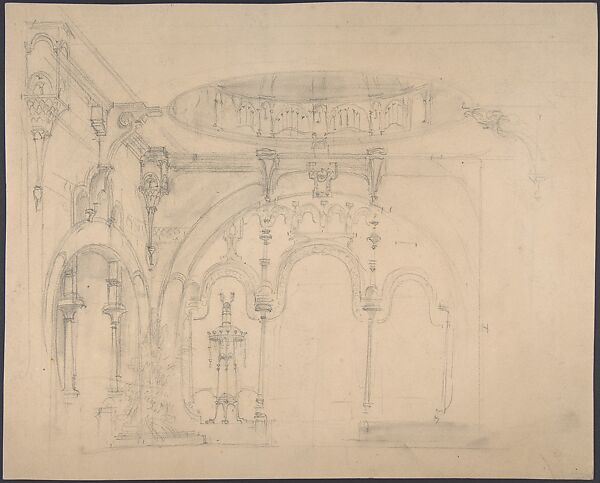 Stage Set Design: A Square Hall with Rounded Archways and Cupola in Oriental Style with Thin Columns