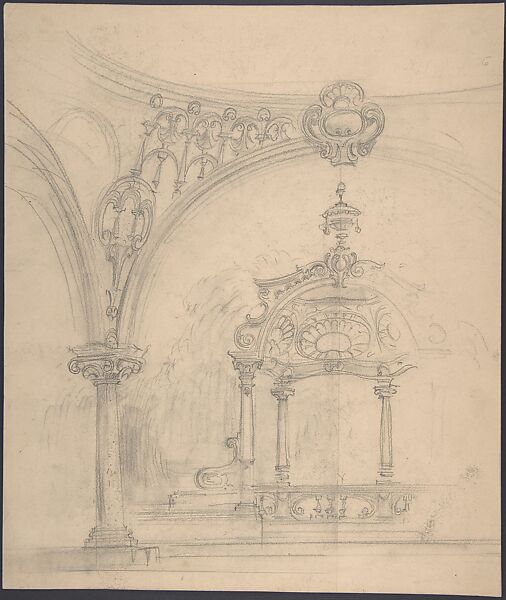 Stage Set Design: View of a Baldacchino seen through Rounded Arch with Pendentive and Column, Salvador Alarma Tastás (Spanish, Barcelona 1870–1941), Black chalk over graphite on tan paper 