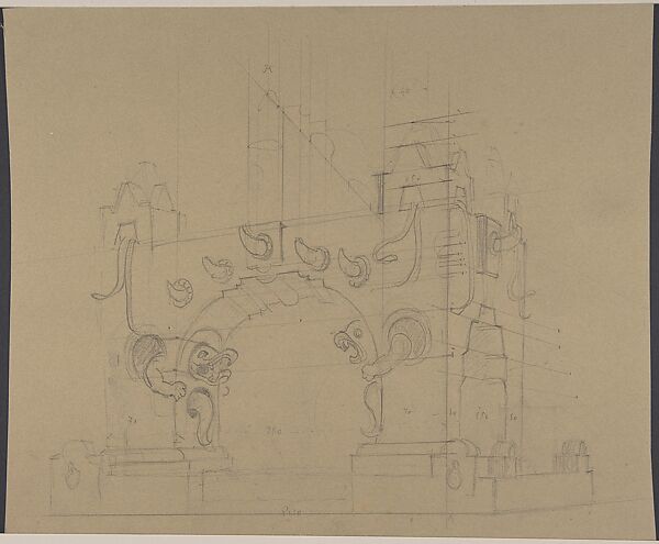 Project for Mesoamerican Style Arch with Grotesques and Horns (recto); Sketch for a set design (verso), Salvador Alarma Tastás (Spanish, Barcelona 1870–1941), Graphite on tan paper 