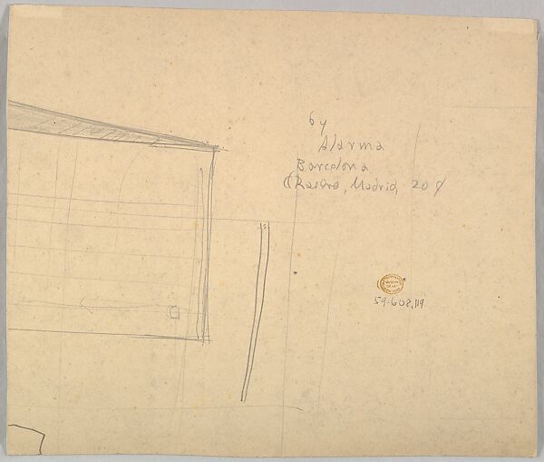 Project for Mesoamerican Style Arch with Grotesques and Horns (recto); Sketch for a set design (verso), Salvador Alarma Tastás (Spanish, Barcelona 1870–1941), Graphite on tan paper