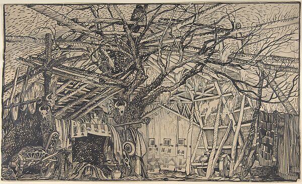 Stage Set Design: Interior of a Camouflaged African Shelter or Military Post with Carts and Bucrania, Salvador Alarma Tastás (Spanish, Barcelona 1870–1941), Pen and black and gray ink, over traces of blue pencil; double framing lines in pen and black ink 
