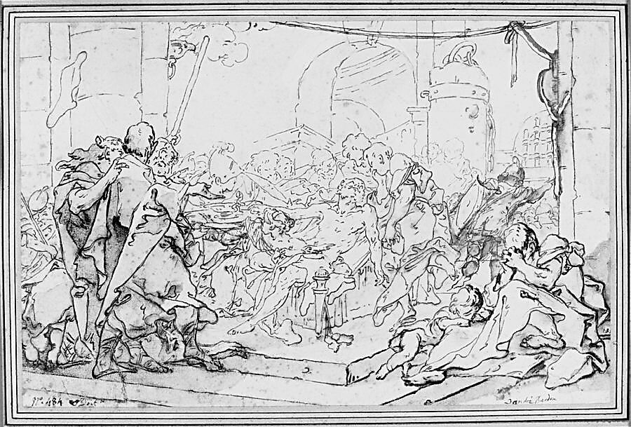 The Death of Socrates, Michel François Dandré-Bardon (French, Aix-en-Provence 1700–1783 Paris), Pen and brown ink, brush and brown wash, over red chalk heightened with white gouache.