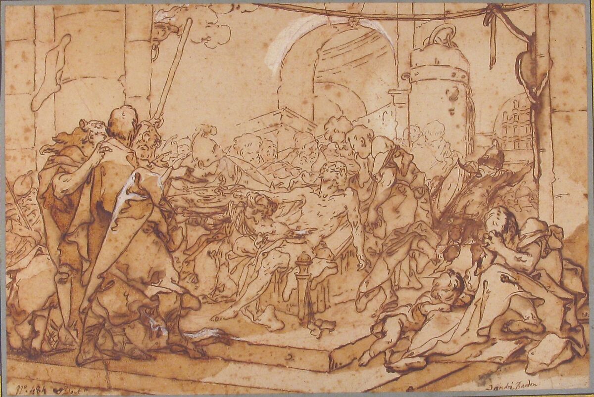 The Death of Socrates, Michel François Dandré-Bardon (French, Aix-en-Provence 1700–1783 Paris), Pen and brown ink, brush and brown wash, over red chalk heightened with white gouache.