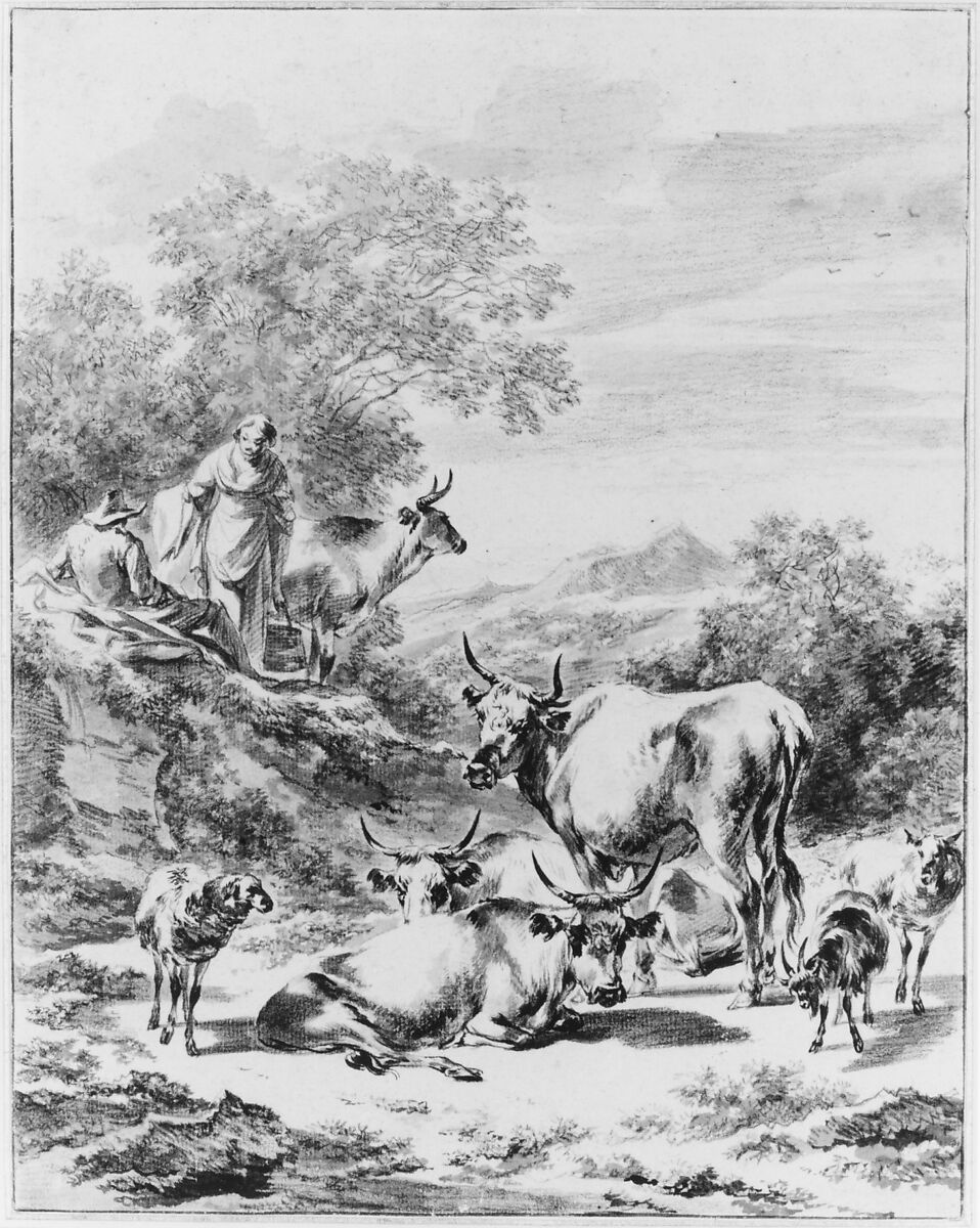 Herdsmen with Cattle and Sheep in Italianate Landscape, Nicolaes Berchem (Dutch, Haarlem 1621/22–1683 Amsterdam), Black chalk, brush and gray wash