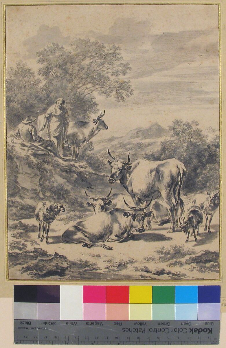Herdsmen with Cattle and Sheep in Italianate Landscape, Nicolaes Berchem (Dutch, Haarlem 1621/22–1683 Amsterdam), Black chalk, brush and gray wash