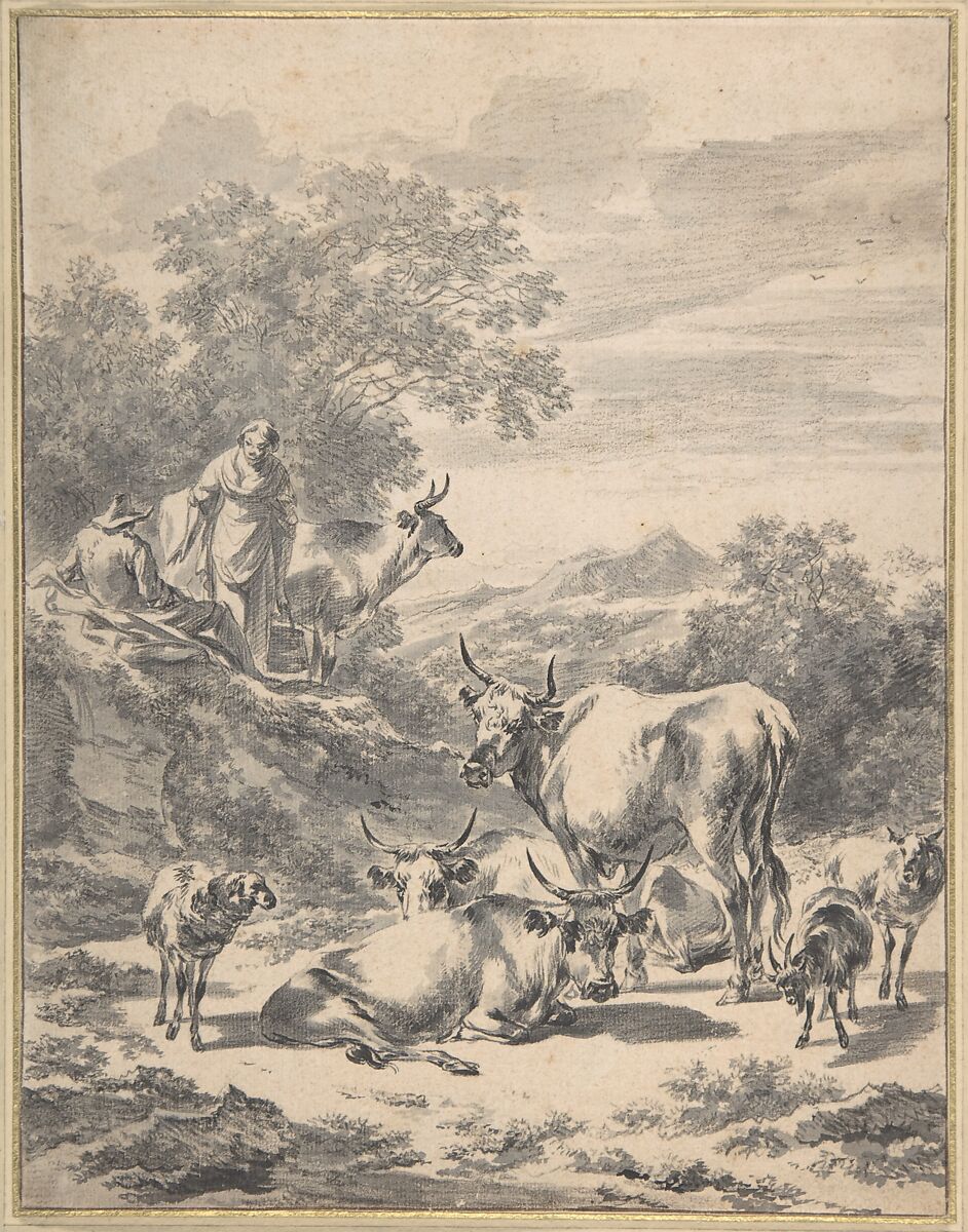 Herdsmen with Cattle and Sheep in Italianate Landscape, Nicolaes Berchem (Dutch, Haarlem 1621/22–1683 Amsterdam), Black chalk, brush and gray wash 