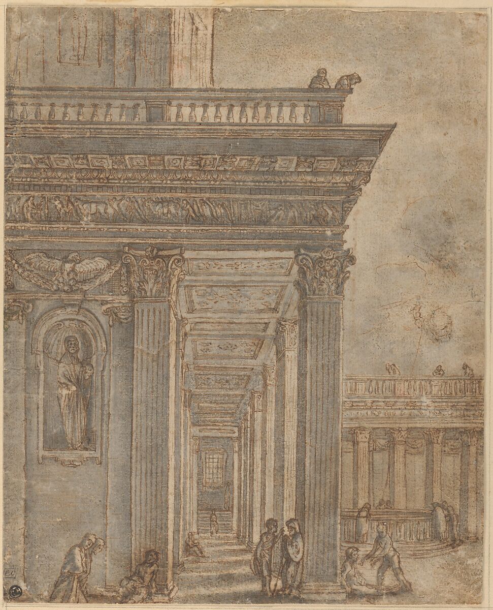 A Temple in a Courtyard (Pool of Bethesda), Adam Elsheimer (German, Frankfurt 1578–1610 Rome), Pen and brown ink, brush and gray wash