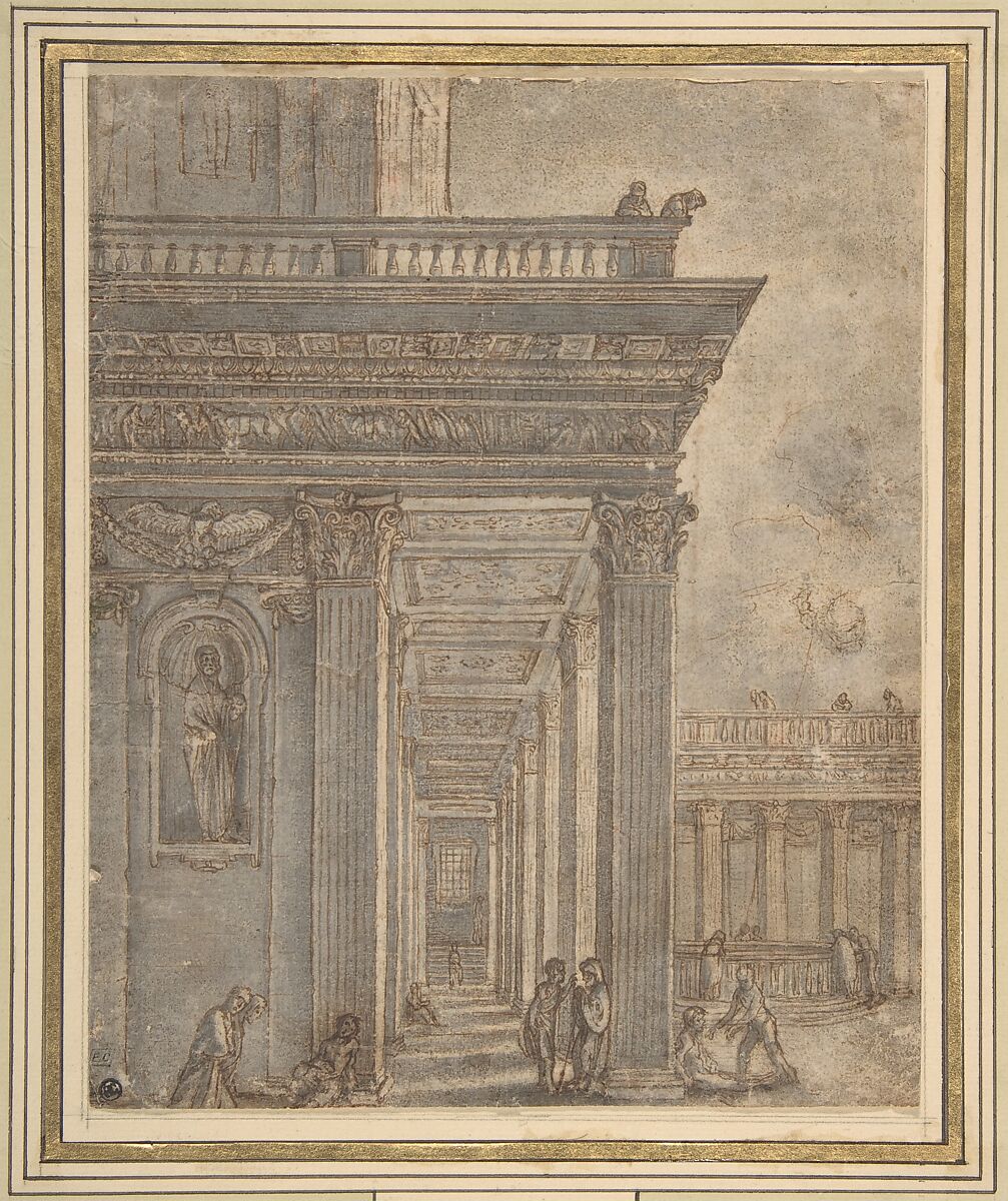 A Temple in a Courtyard (Pool of Bethesda), Adam Elsheimer (German, Frankfurt 1578–1610 Rome), Pen and brown ink, brush and gray wash 