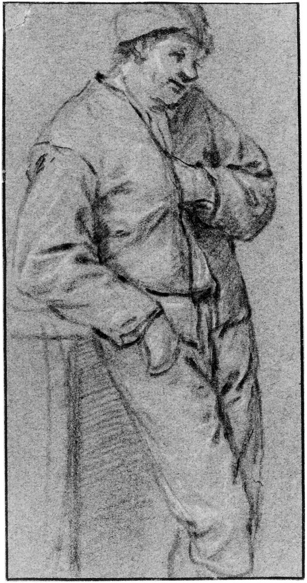 Study of a Standing Peasant, Adriaen van Ostade (Dutch, Haarlem 1610–1685 Haarlem), Black and white chalk on blue paper; framing lines in pen and brown ink