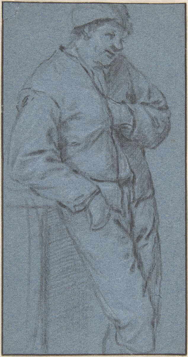 Study of a Standing Peasant, Adriaen van Ostade (Dutch, Haarlem 1610–1685 Haarlem), Black and white chalk on blue paper; framing lines in pen and brown ink 