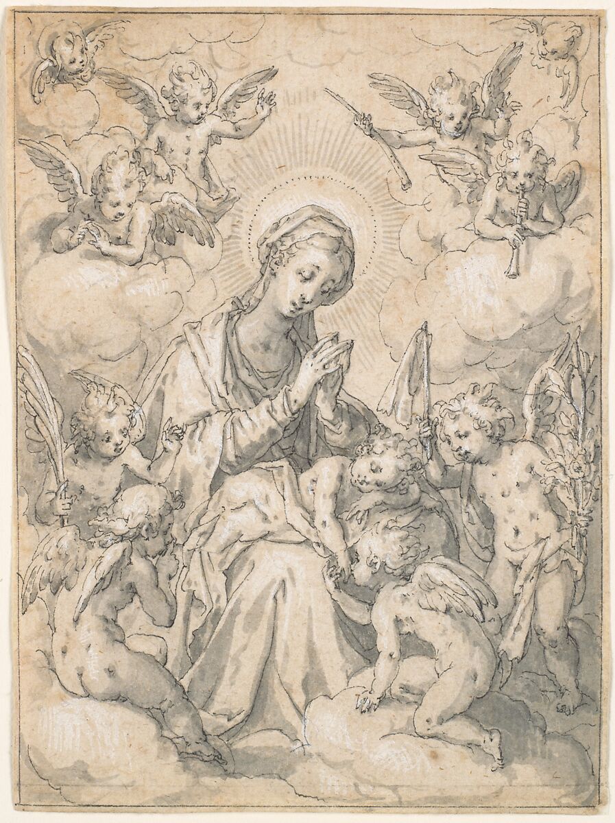 The Virgin and Child Surrounded by Little Angels in the Clouds, Friedrich Sustris (Netherlandish (possibly born Italy), Venice (?) ca. 1540–1599 Munich), Pen and brown ink, brush and gray wash, heightened with white