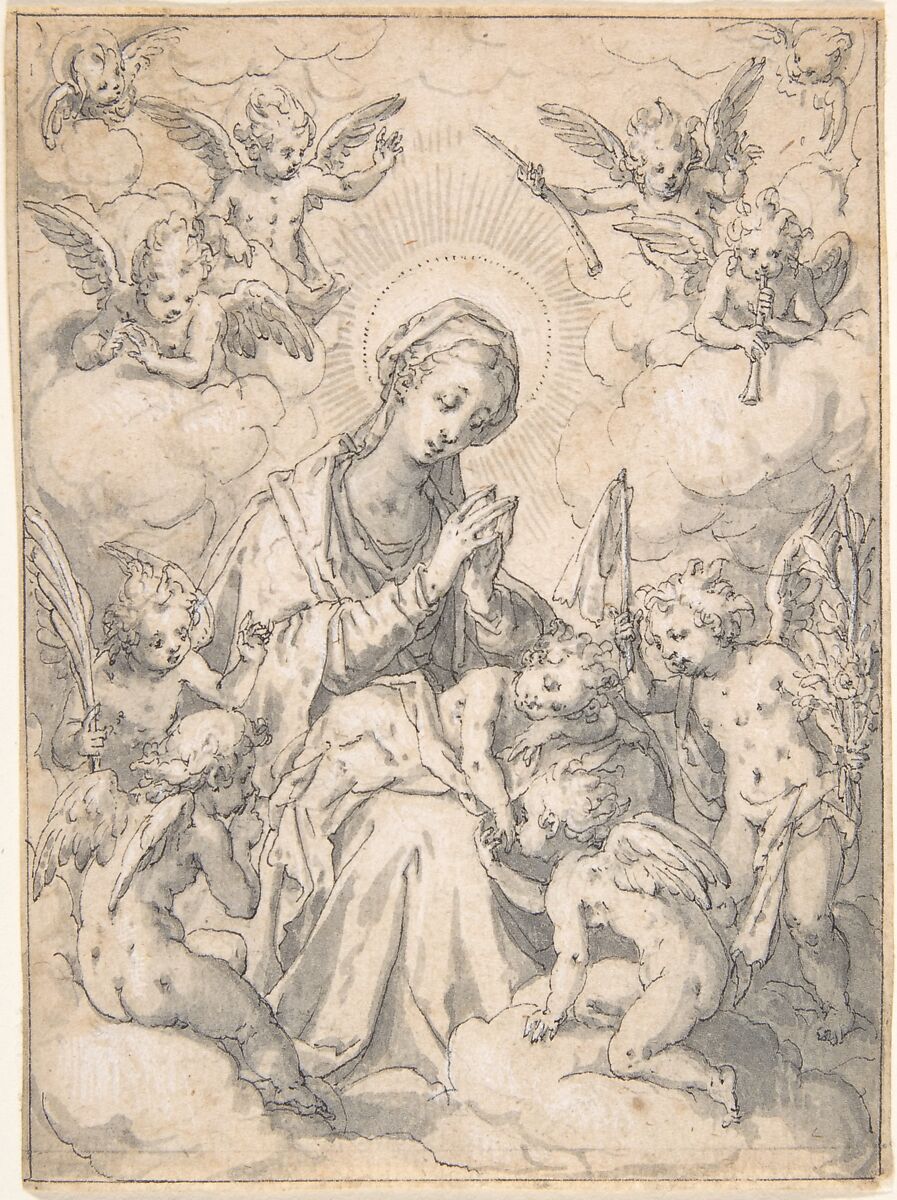 The Virgin and Child Surrounded by Little Angels in the Clouds, Friedrich Sustris (Netherlandish (possibly born Italy), Venice (?) ca. 1540–1599 Munich), Pen and brown ink and gray wash with white heightening 