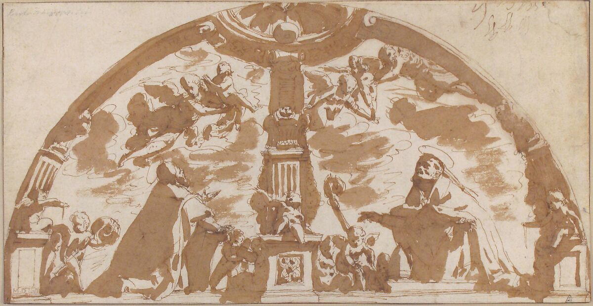 Two Saints in Adoration, Ventura Salimbeni (Italian, Siena 1568–1613 Siena), Pen and brown ink, brush and brown wash over traces of leadpoint