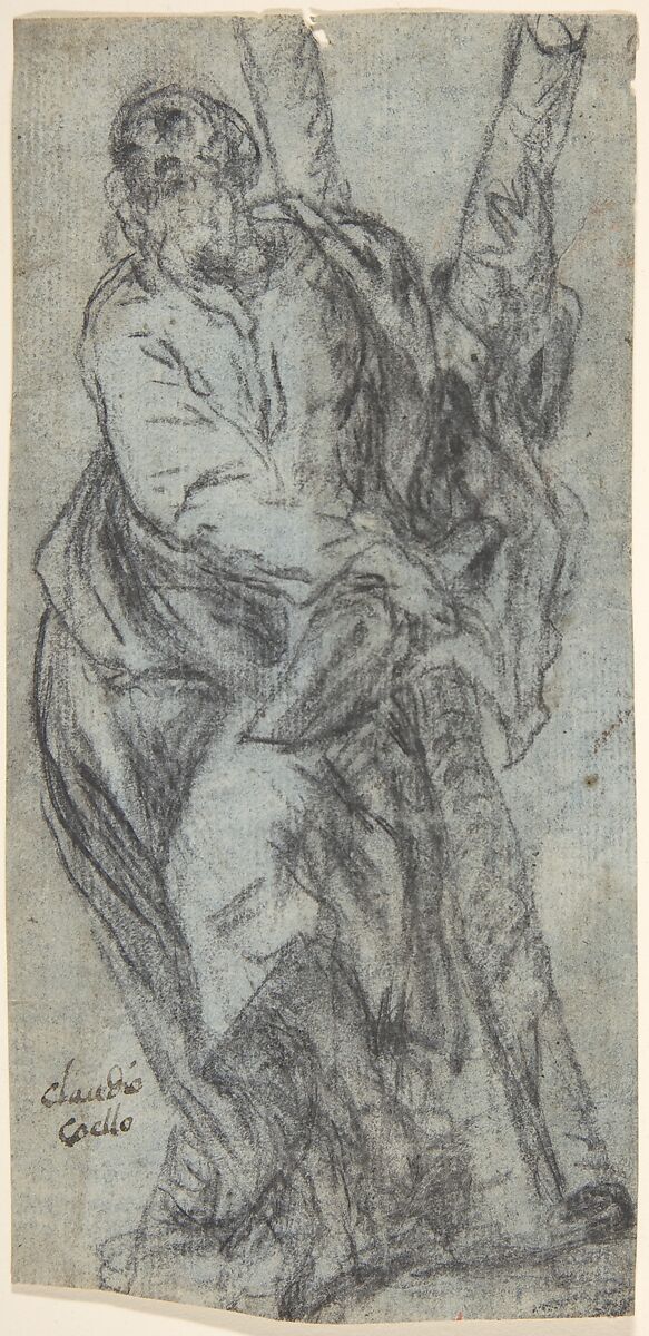 St. Andrew, Juan Carreño de Miranda (Spanish, Avilés 1614–1685 Madrid), Charcoal on blue paper 