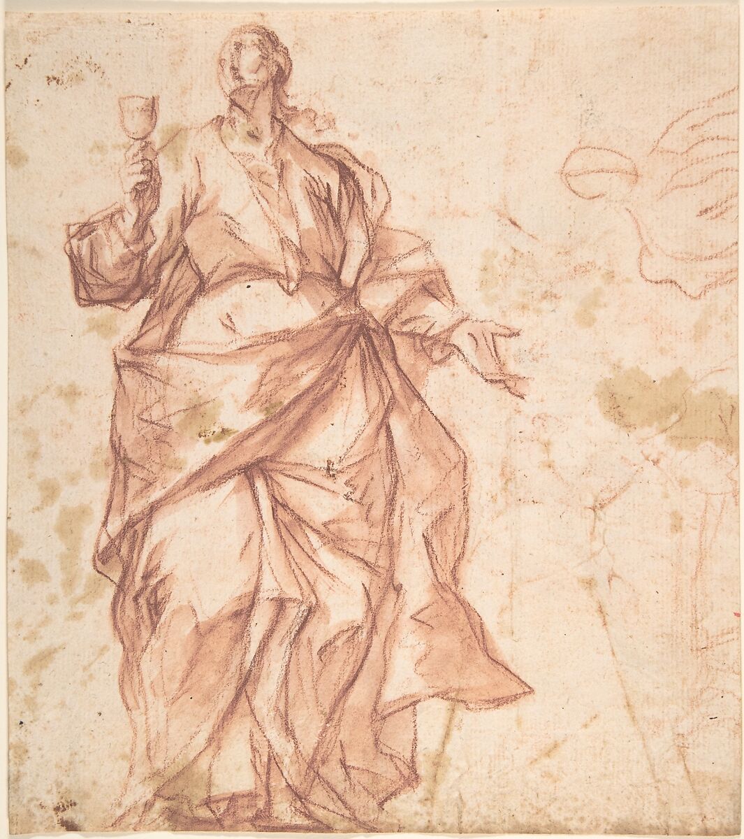 Study of St. John (recto); Study of a Warrior (verso), Eugenio Cajés (Spanish, Madrid 1575–1634 Madrid), Red chalk with brush and red wash (recto and verso) 