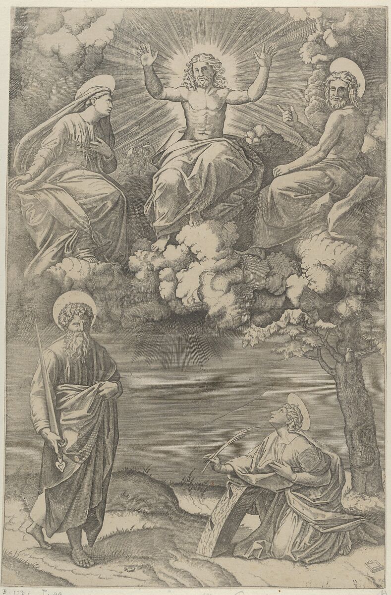 Christ flanked by the Virgin and St. John in the upper section, St. Paul and St. Catherine below, Marcantonio Raimondi (Italian, Argini (?) ca. 1480–before 1534 Bologna (?)), Engraving 