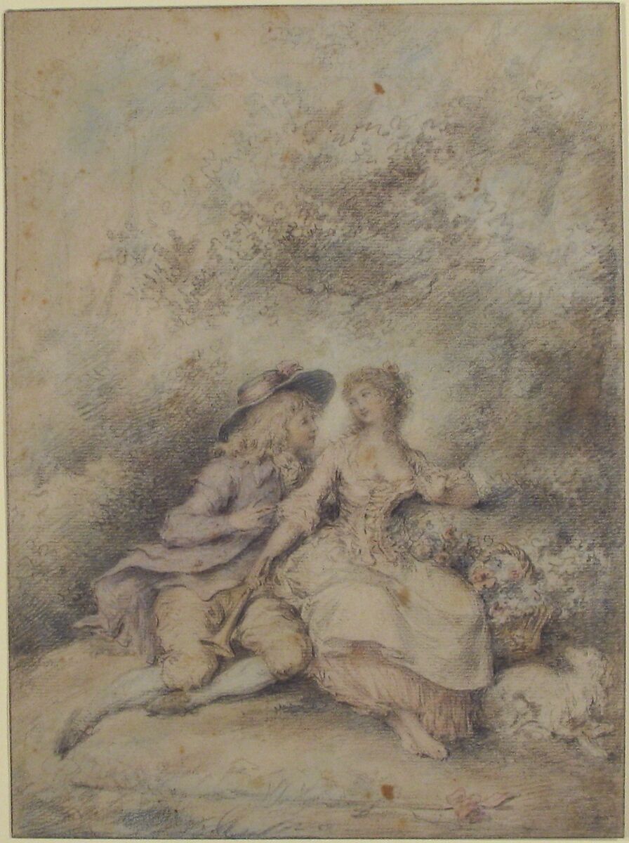 Seated Couple in a Bower, Anonymous, French, 18th century, Colored chalk; framing lines in graphite