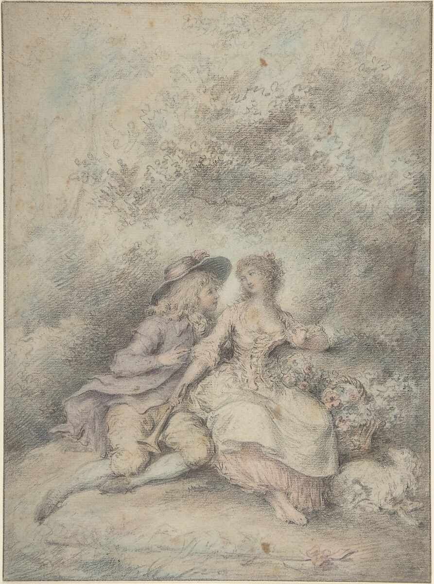 Seated Couple in a Bower, Anonymous, French, 18th century, Colored chalk; framing lines in graphite 