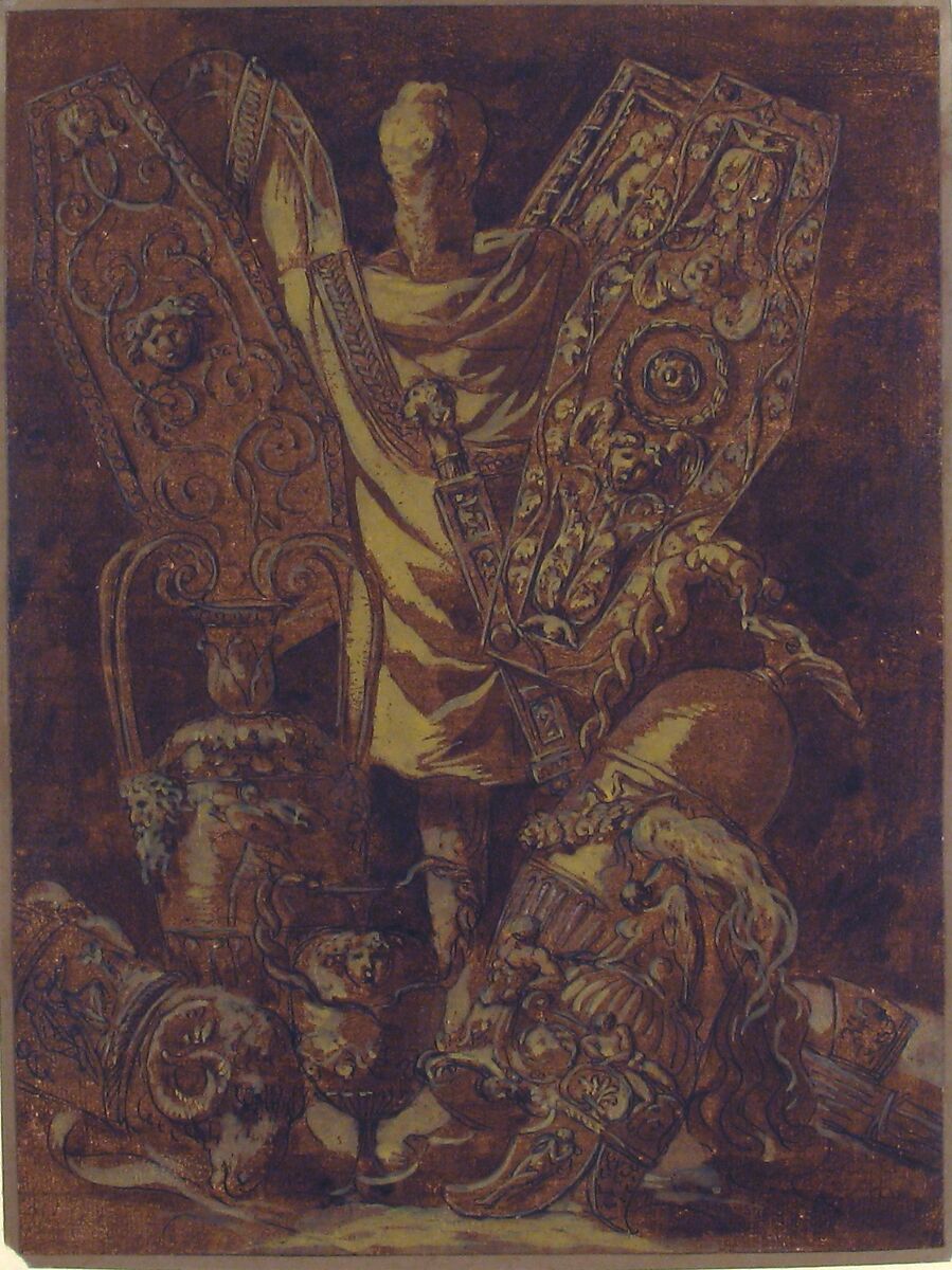 Design for a Military Trophy, Attributed to Jean Jacques Lagrenée (French, Paris 1739–1821 Paris), Pen and black ink, brush and brown wash, yellow gouache