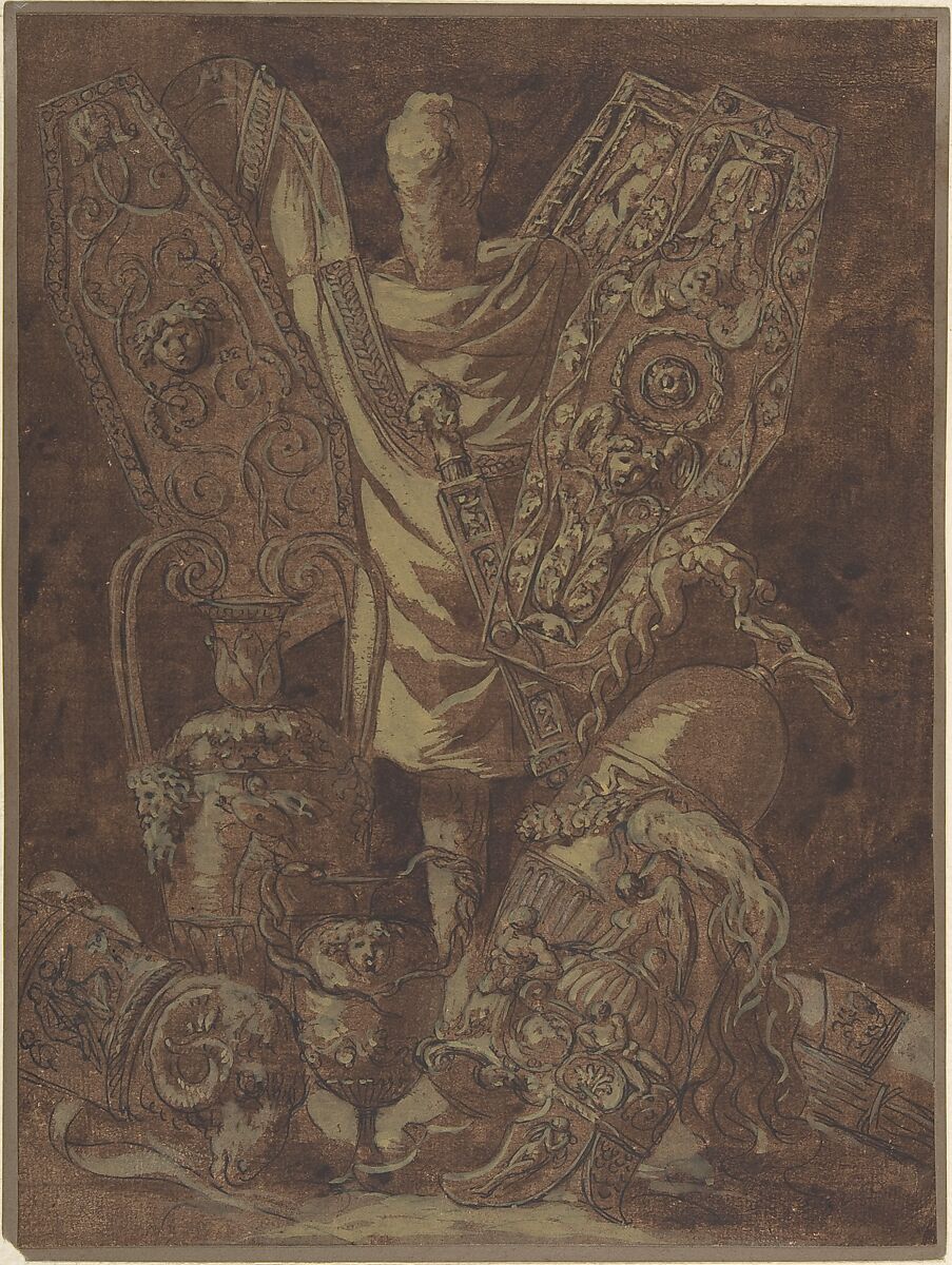 Design for a Military Trophy, Attributed to Jean Jacques Lagrenée (French, Paris 1739–1821 Paris), Pen and black ink, brush and brown wash, yellow gouache 