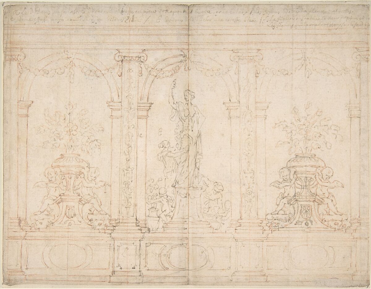 Wall Elevation with Three Arches, Anonymous, French, 18th century, Pen and brown ink 