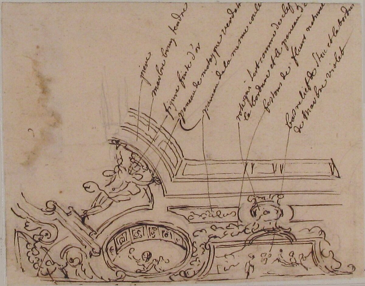Design for a Corner of a Ceiling, Anonymous, French, 17th century, Pen and brown ink over graphite 