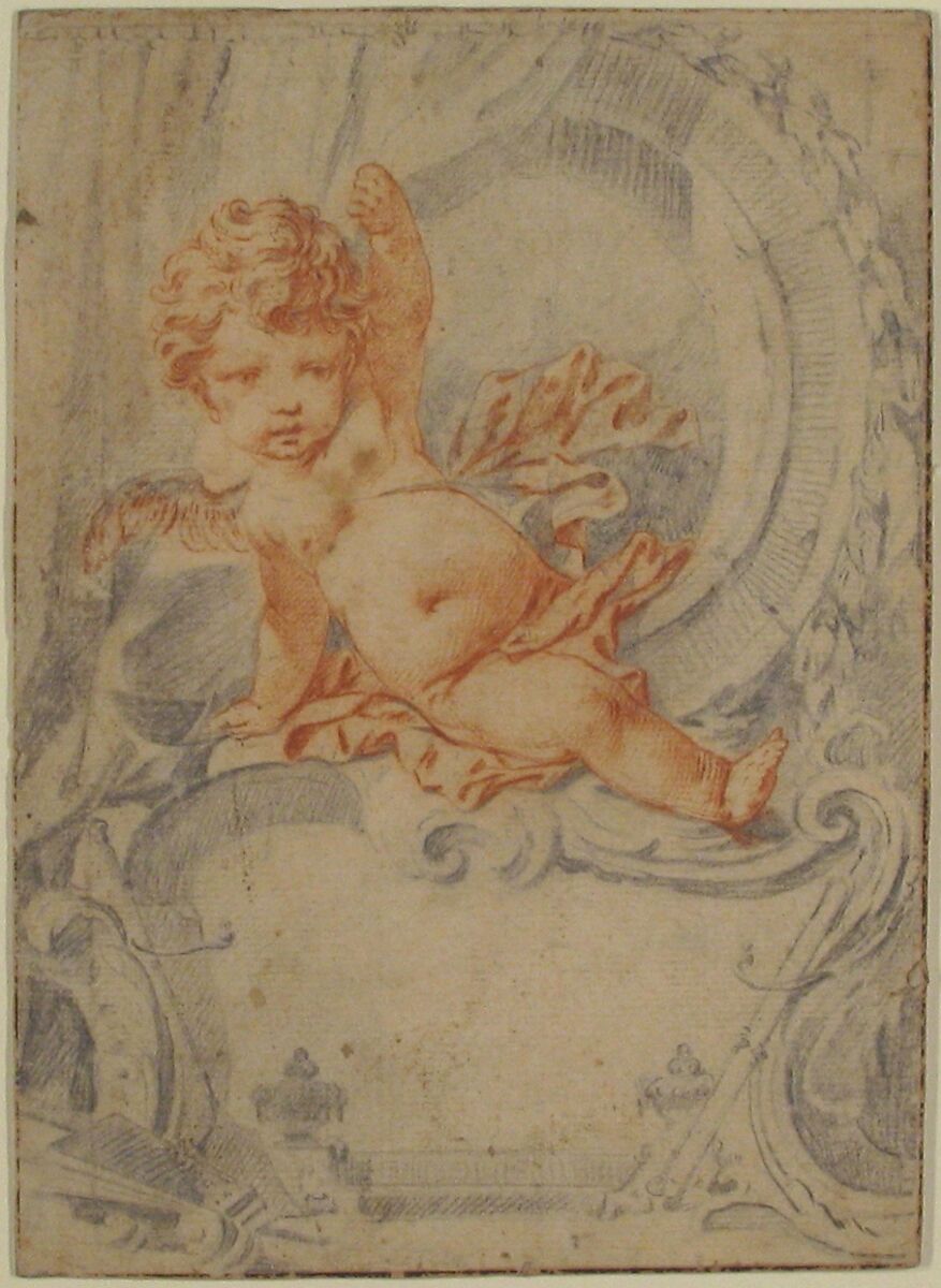 Cupid posed in an Ornamental Cartouche, Anonymous, French, 18th century, Red chalk and graphite
