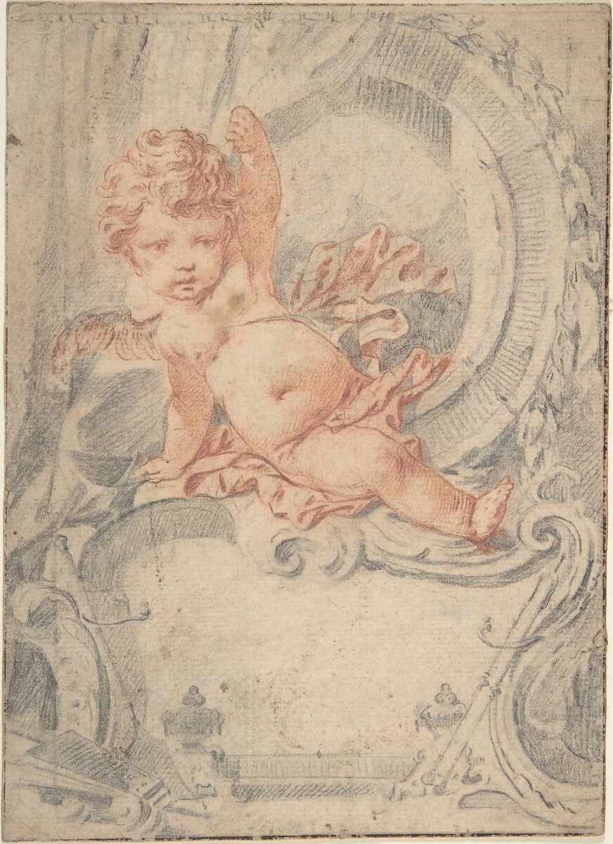 Cupid posed in an Ornamental Cartouche, Anonymous, French, 18th century, Red chalk and graphite 