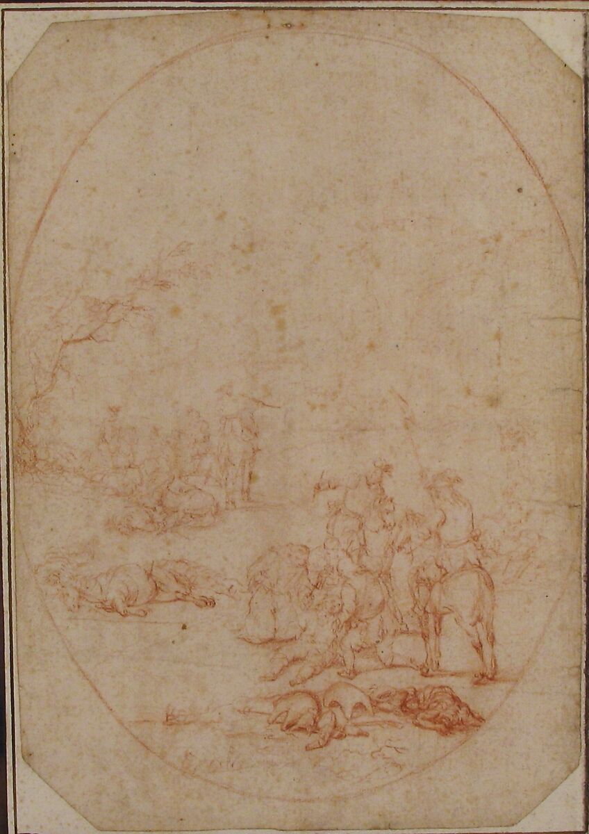 Landscape with Soldiers Helping the Wounded after a Battle, Anonymous, French, 18th century, Red chalk; laid down on larger sheet with frame in pen and ink