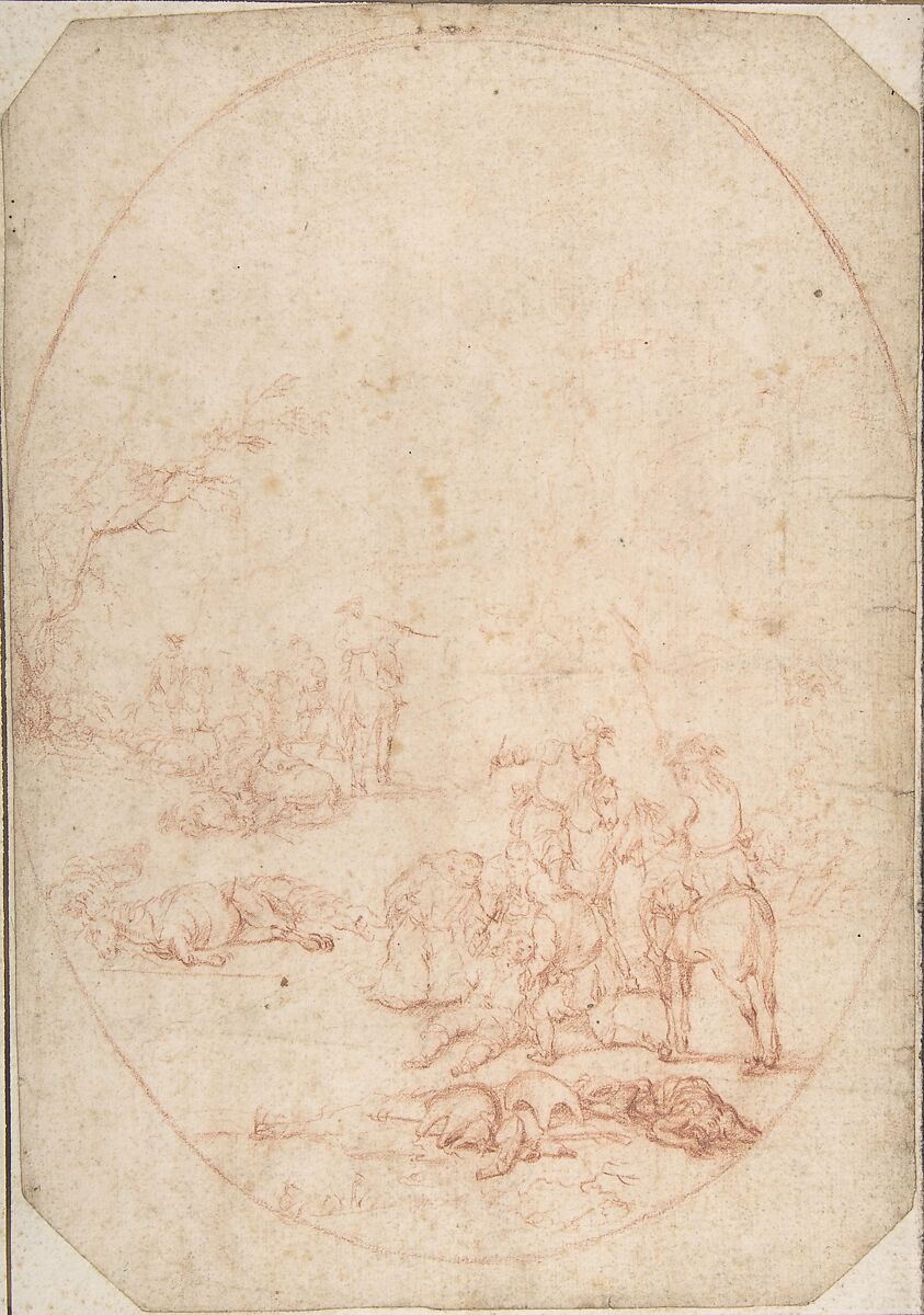 Landscape with Soldiers Helping the Wounded after a Battle, Anonymous, French, 18th century, Red chalk (laid down on larger sheet with frame in pen and ink) 