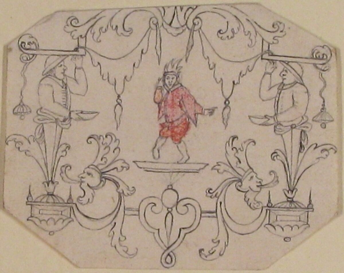 Arabesque Cartouche with Dancing Figure, Anonymous, French, 18th century, Pen and black ink, graphite, and red crayon