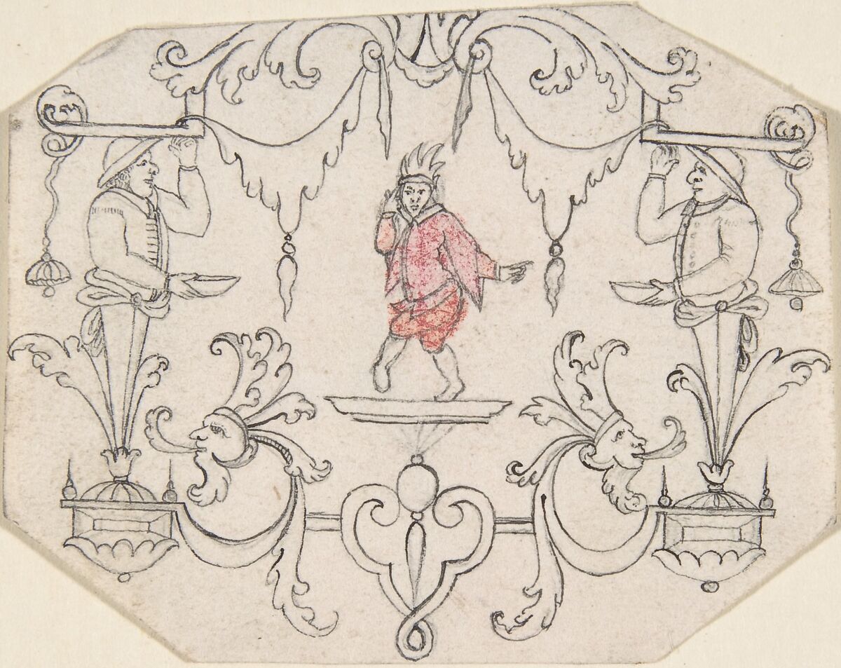 Arabesque Cartouche with Dancing Figure, Anonymous, French, 18th century, Pen and black ink, graphite, and red crayon 