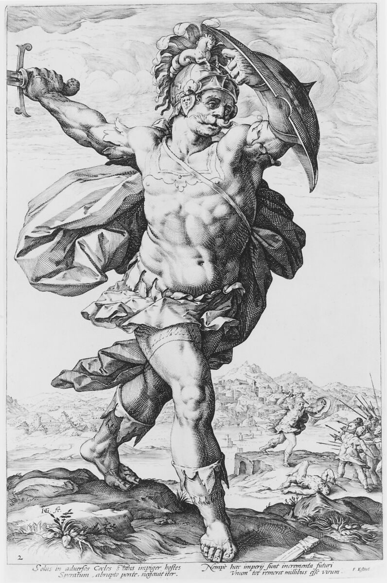 Horatius Cocles, from "The Roman Heroes", Hendrick Goltzius (Netherlandish, Mühlbracht 1558–1617 Haarlem), Engraving; second state