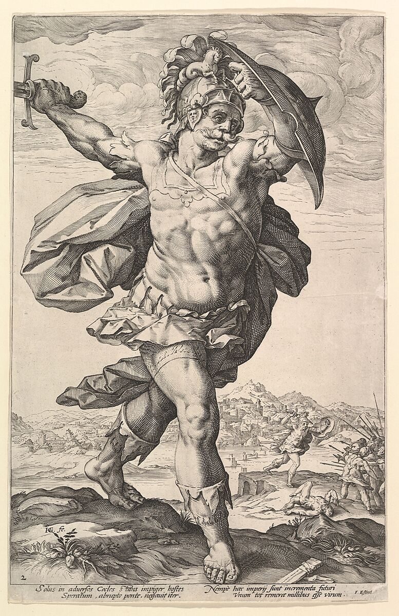 Horatius Cocles, from "The Roman Heroes", Hendrick Goltzius (Netherlandish, Mühlbracht 1558–1617 Haarlem), Engraving; second state 