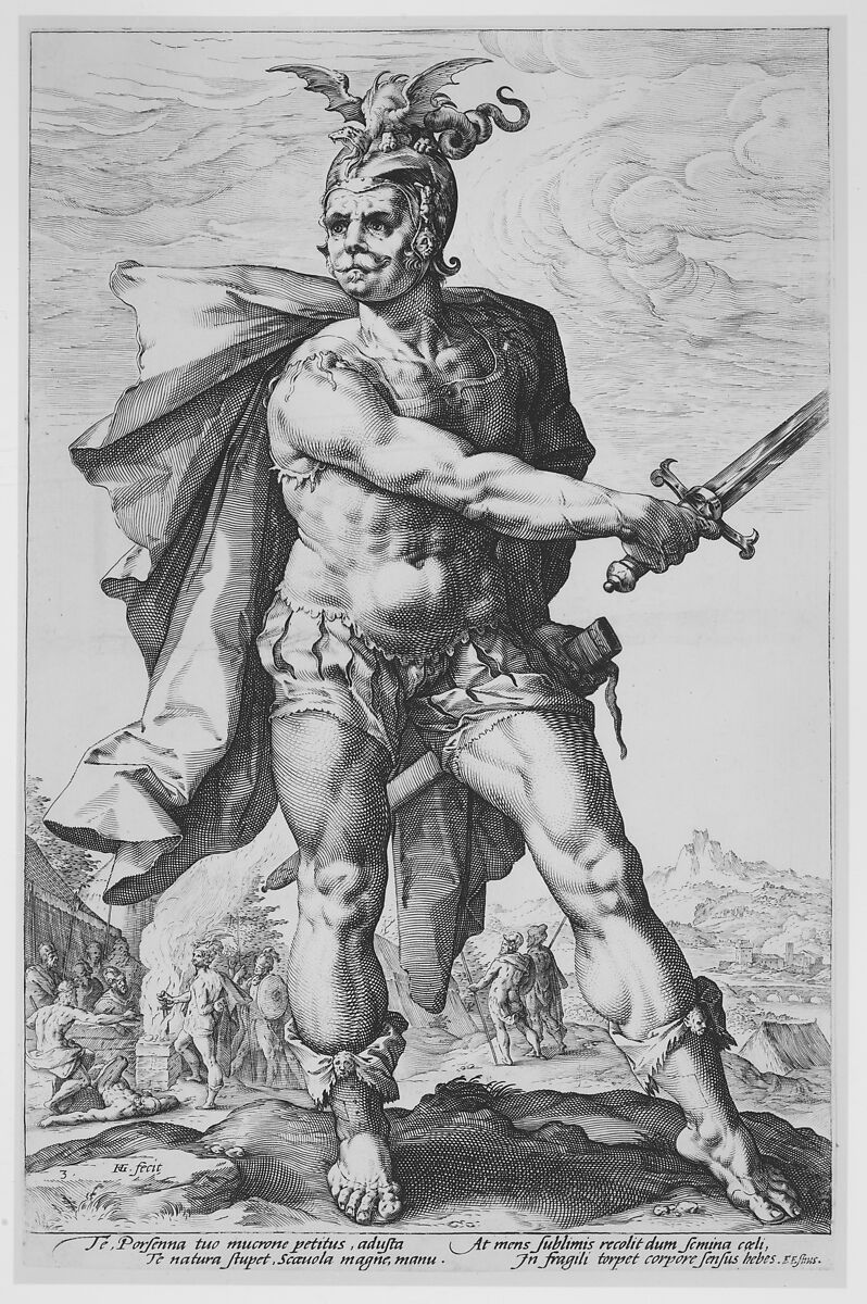 Mucius Scaevola, from "The Roman Heroes", Hendrick Goltzius (Netherlandish, Mühlbracht 1558–1617 Haarlem), Engraving; second state