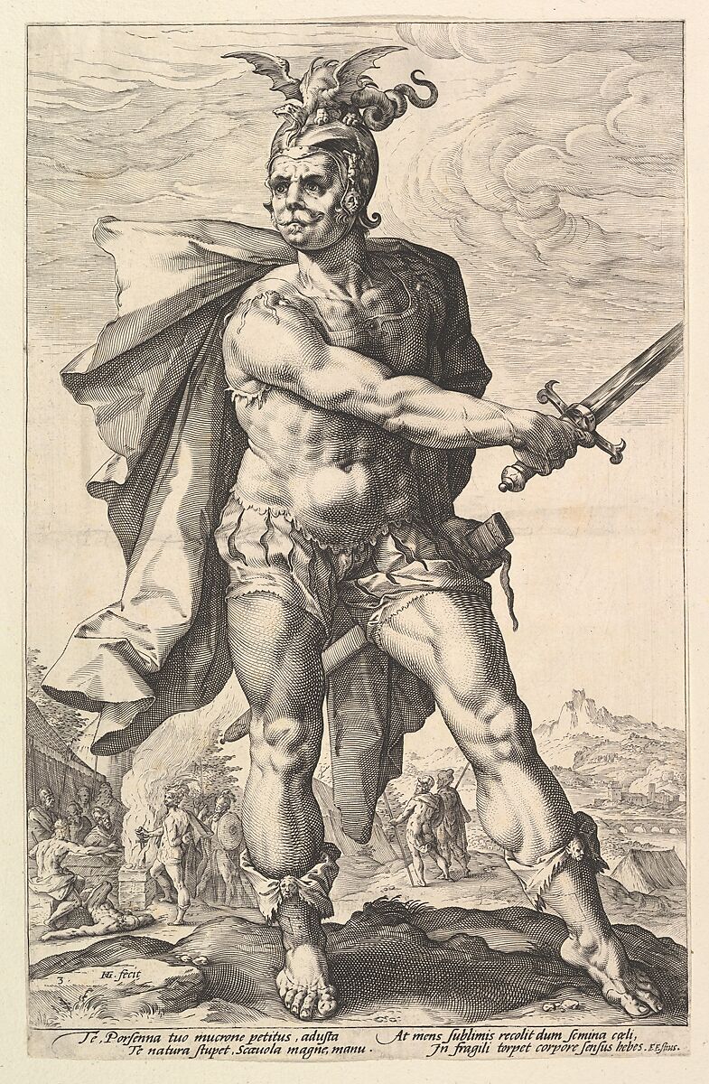 Mucius Scaevola, from "The Roman Heroes", Hendrick Goltzius (Netherlandish, Mühlbracht 1558–1617 Haarlem), Engraving; second state 