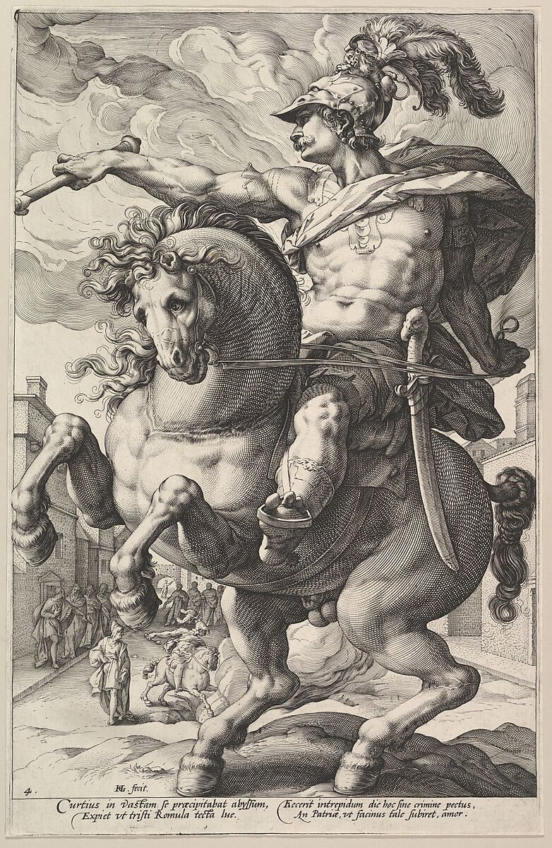 Marcus Curtius, from "The Roman Heroes", Hendrick Goltzius (Netherlandish, Mühlbracht 1558–1617 Haarlem), Engraving; first state 